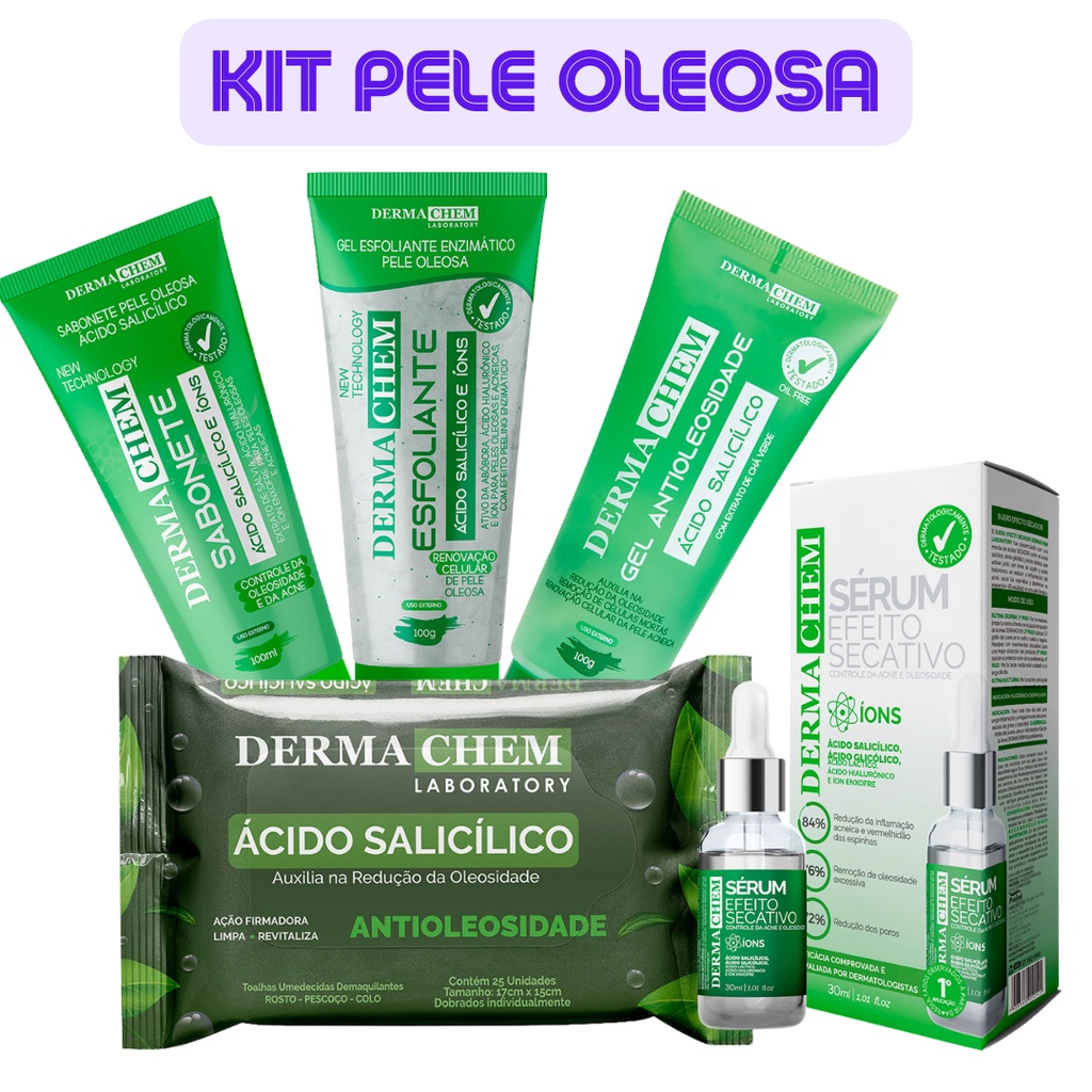 Kit Pele Oleosa Dermachem - 1 Lenço, 1 gel, 1 sabonete, 1 sérum efeito secativo,1 esfoliante.