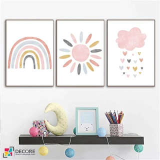 quadro decorativo tela rosa dos desenhos animados nuvem sol arco-íris pintura da parede arte do berçário cartaz nórdico fotos de parede para o quarto do bebê decoração