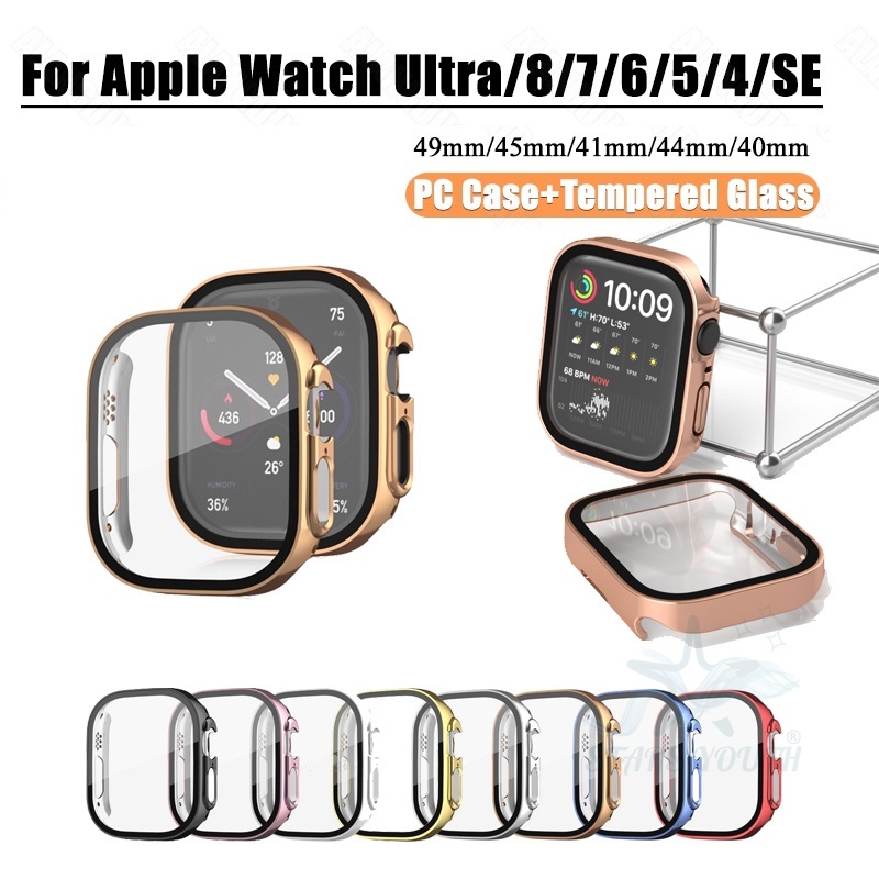 Compre Capa de relógio à prova d'água, protetor de vidro temperado para Apple  Watch Series 8 7 44mm 45mm 49mm Capa de borda reta para iWatch Ultra 8 7 6  SE 5 4