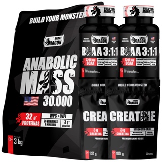 Kit Hipercalórico Anabolic Mass 30000, 3Kg c/ Creatina e 32g de proteína (WPI + WPC) + x2 Creatina Snake Dragon 100g + x2 BCAA 3:1:1 60 Cápsulas