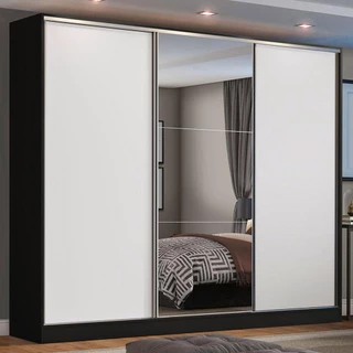 Guarda Roupa Casal 100% MDF Madesa Zurique 3 Portas de Correr com Espelho - Preto/Branco em Oferta na Shopee
