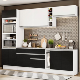 Cozinha Completa Madesa Vicenza com Armário e Balcão + Tampo - Branco/Preto/Branco