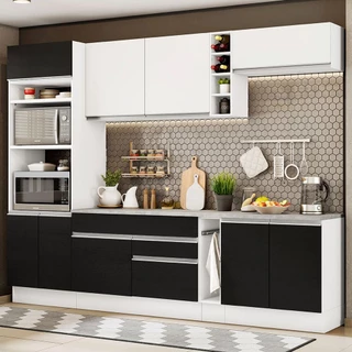 Cozinha Completa Madesa Vicenza com Armário e Balcão + Tampo - Branco/Preto/Branco em Oferta na Shopee