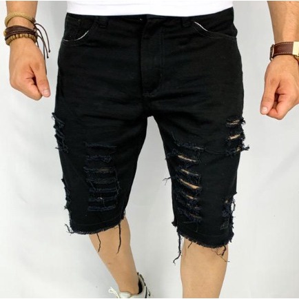 Bermuda Jeans Masculina Rasgada Sarja Destroyed Desfiada Preta direto da fabrica