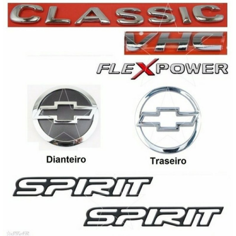 Kit Emblema Corsa Classic Vhc + Adesivo Flexpower + Adesivo Resinado Spirit Preto + Emblema Chevrolet Frente e Traseiro