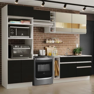 Cozinha Completa Madesa Jade com Armário e Balcão (Sem Tampo e Pia) - Branco/Preto/Crema em Oferta na Shopee