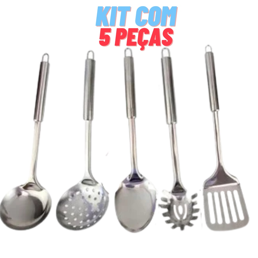 Kit Utensílios de Cozinha 5 Peças Aço Inox Colher Concha Escumadeira