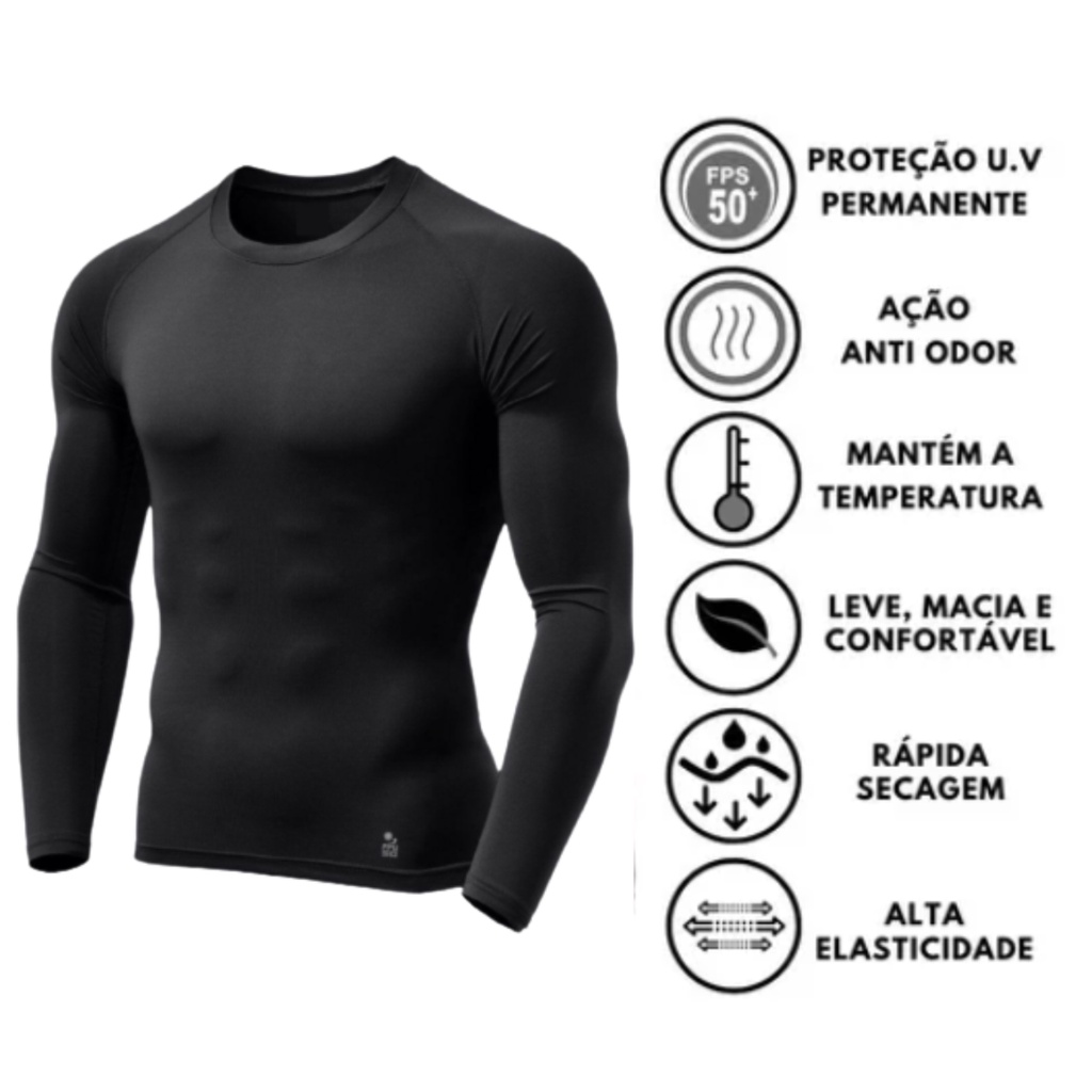 Camiseta Térmica Proteção Uv 50+ Preta Masculina e Feminina Segunda Pele Esportes Frio Calor
