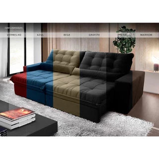 Sofá Retrátil Reclinável Zurique 3,00m Suede Velut Cinza Molas no Assento - King House
