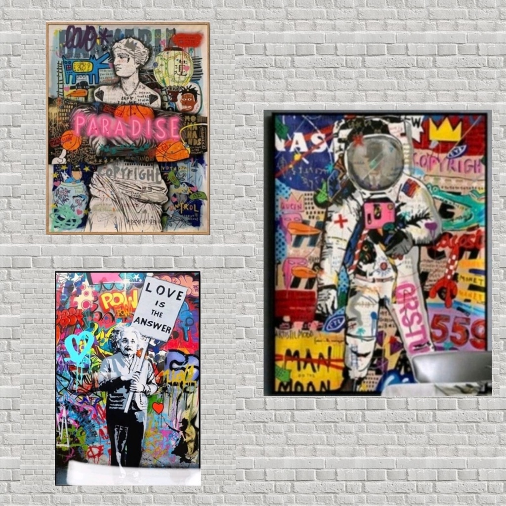 Quadro decorativo 3 peças 40x60 astronauta grafite colorido Einstein decoração para casa sala quarto hall