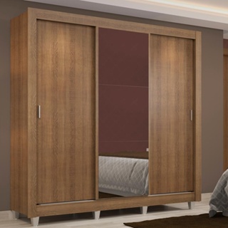 Guarda Roupa Casal Madesa Lyon 3 Portas de Correr com Espelho 2 Gavetas com Pés - Rustic