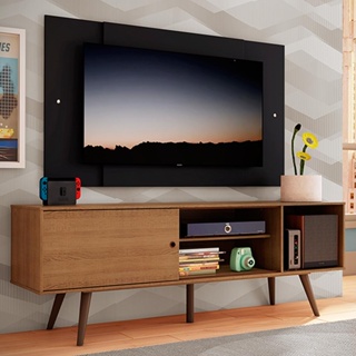 Rack Madesa Cairo e Painel para TV até 58 Polegadas com Pés de Madeira - Rustic/Preto 5ZD8