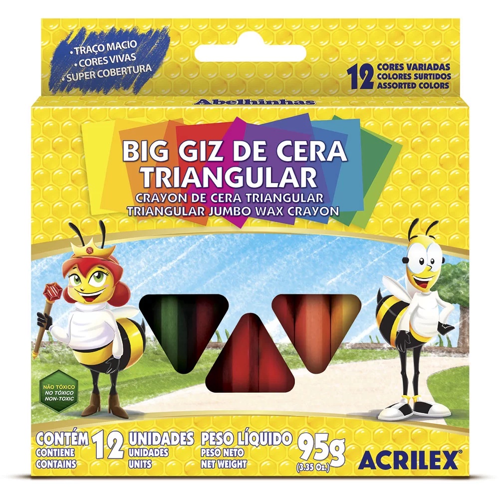 Big Giz de Cera Grosso Triangular Acrilex 12 Cores - Jumbo - Não Rola Na  Mesa