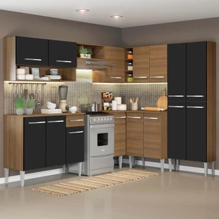 Cozinha Completa de Canto Reto Madesa Emilly Ice Armário e Balcão 15 Portas 1 Gaveta - Rustic/Preto em Oferta na Shopee