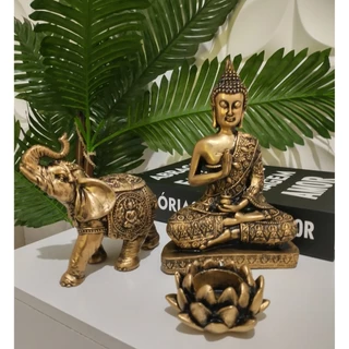 Kit Estátua De Buda Hindu Chakras + Castiçal Flor De Lotus + Elefante Indiano Da Sorte Kit 3 Peças Decoração Dourado Prata