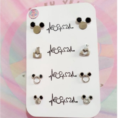 Cartela brincos Mickey aço inox cirúrgico prata Castelo Disney strass antialérgico brinco