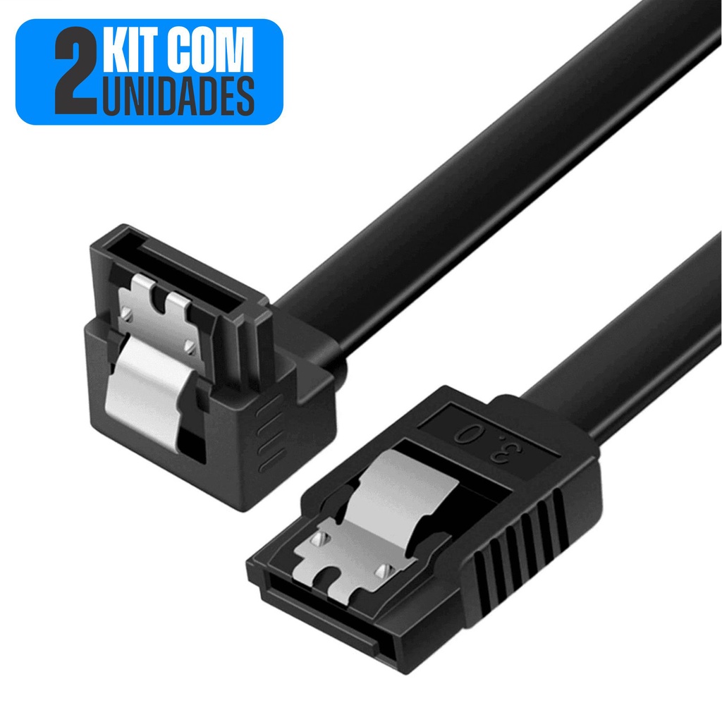 Kit 2 Cabo de Dados Sata 3 6gb/s Com Trava 40cm Conector 90° HD SSD Preto