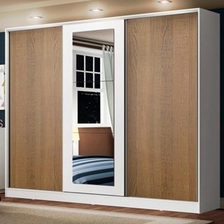 Guarda Roupa Casal 100% MDF Madesa Eros 3 Portas de Correr com Espelho - Branco/Rustic/Branco
