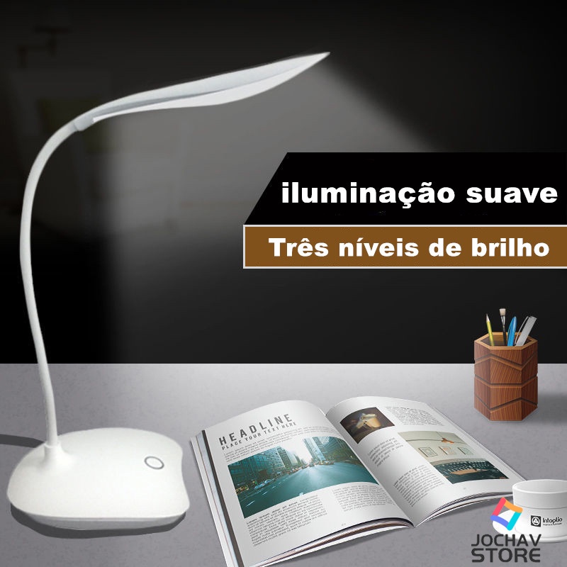 Luminária De Mesa Sem Fio Flexível Leitura Luz Lampada 3 Níveis Bivolt
