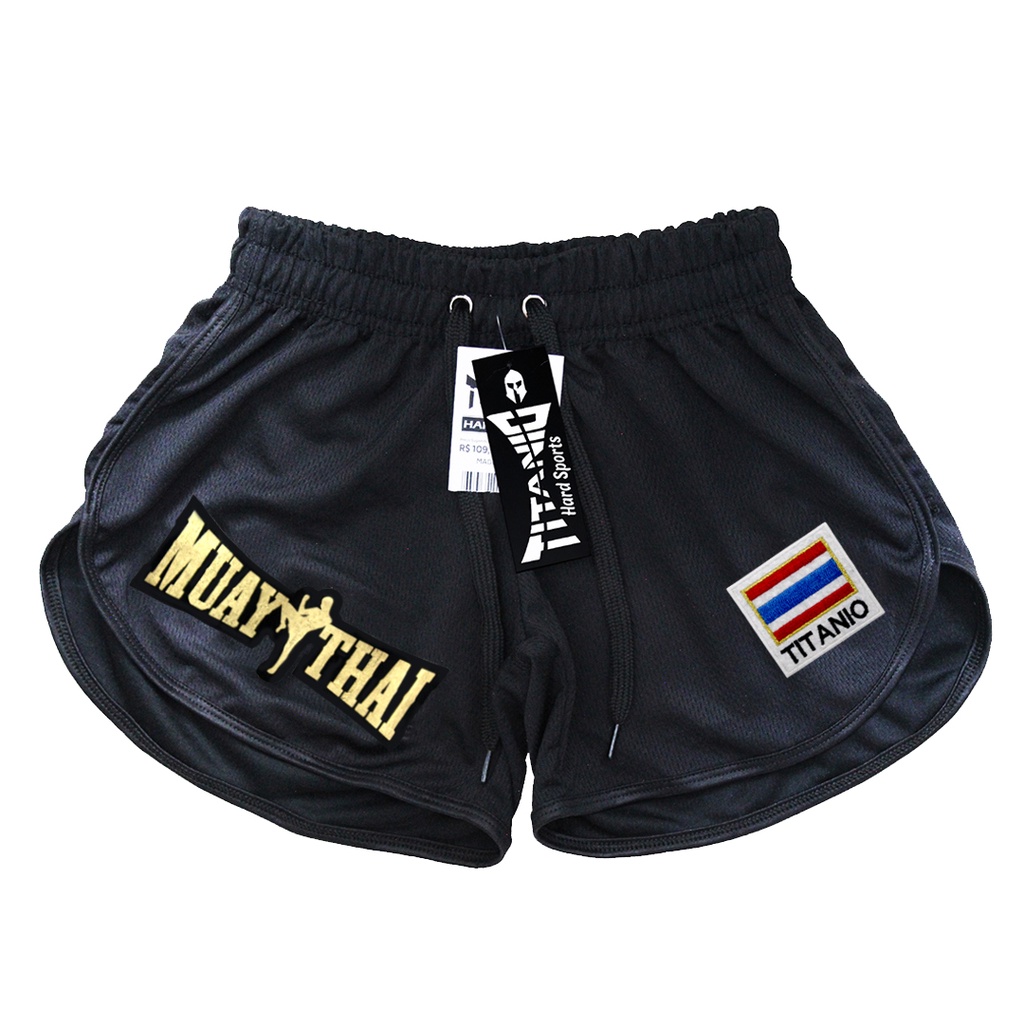 Short Muay Thai Calção Preto Dry Fit Titanio Patch Bordado Unissex Shopee Brasil 3209