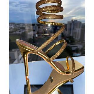 Sandália feminina espiral strass salto fino brilho