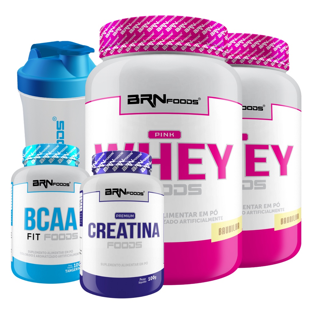 Kit Feminino 2x Pink Whey Protein + Bcaa + Creatina + Shaker – BRN Foods
