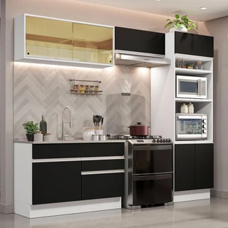 Cozinha Completa Madesa Glamy 270012 com Armário e Balcão (Sem Tampo e Pia) - Branco/Preto em Oferta na Shopee