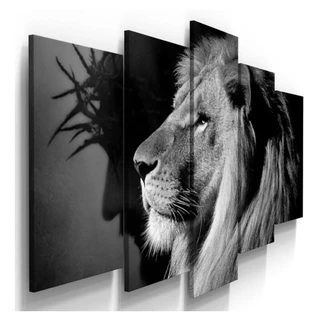 Quadro Jesus Leao De Juda Hd 5 Peças Mosaico Preto E Branco