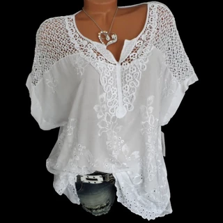 Verão Plus Size Camisa De Remendo De Renda Branca Solta Blusas Femininas 5XL 6XL De Manga Curta 2023 Roupas Casuais
