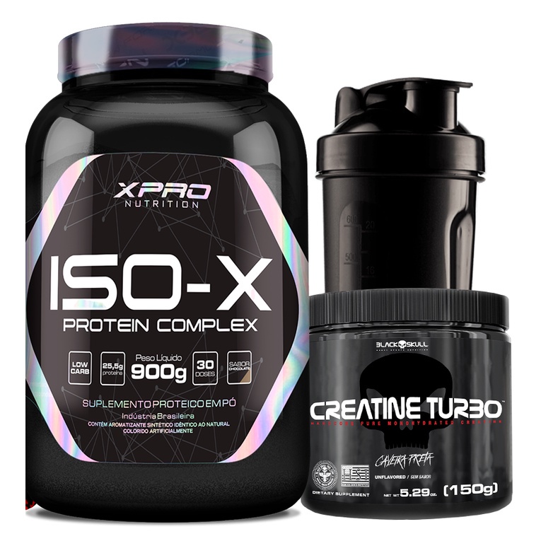 Kit Whey Iso-X 900g + Creatina Turbo 150g + Coqueteleira – Black Skull Isolado Isolate