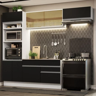 Cozinha Completa Madesa Glamy 270011 com Armário e Balcão (Sem Tampo e Pia) - Branco/Preto em Oferta na Shopee