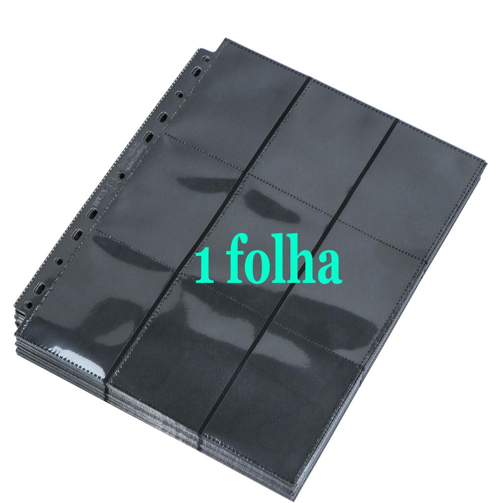 (1 Folha) Folha Fichário Preta 9 Bolsos Forro TNT e Alimentação Lateral Nacional Cards - Avulso - Tcg - Cards - Pokemon - Magic - Shield