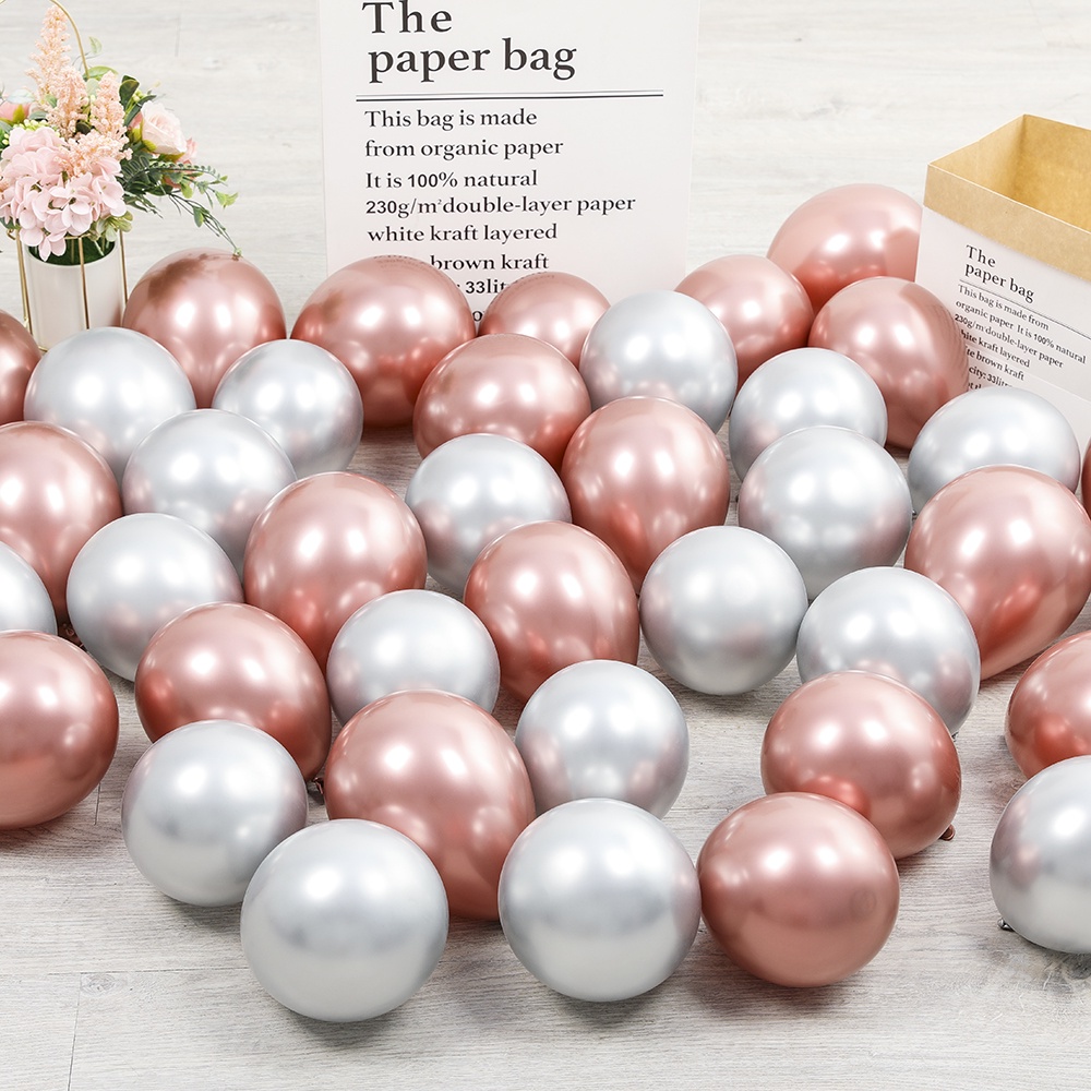 Kit 50 Balões Rose Gold + Prata Metalizado Número 5 Polegadas - Balão Bexiga Cromado Para Festas e Aniversários