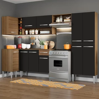 Cozinha Completa de Canto Reto Madesa Emilly Sun Armário e Balcão 11 Portas 1 Gaveta - Rustic/Preto em Oferta na Shopee