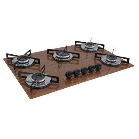 Fogão Cooktop Premium Gás 5 Bocas Ultra Chama 127v 220v Amadeirado Escuro