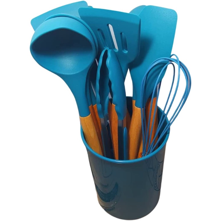 Kit Utensílios Cozinha 12 Peças Linha Premium Silicone Cabo de Madeira