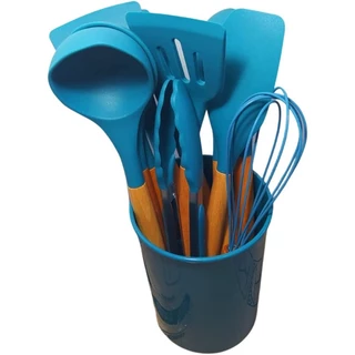 Kit Utensílios Cozinha 12 Peças Linha Premium Silicone Cabo de Madeira