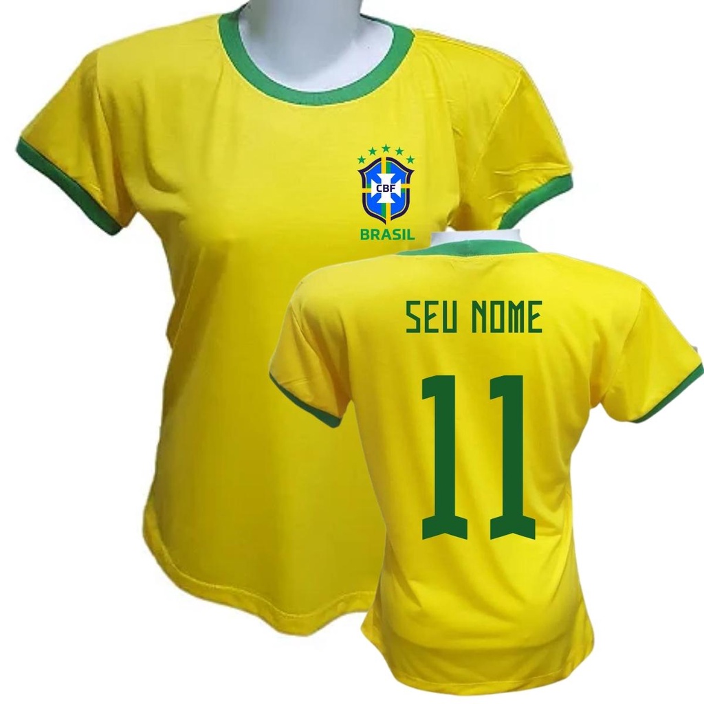 Camisa do Brasil Feminina Amarela Personalizada com Nome e Número Copa Do  Mundo