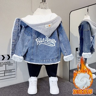 Jaqueta De Denim Para Meninos Casaco De Inverno De Outono Revestimento De Velo Crianças