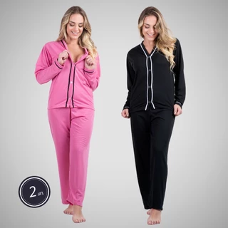Kit 2 Conjuntos Pijama Longo Botão Roupa De Dormir Amamentação Pós Parto Confortável Calça Manga Longa Moda Feminina 354