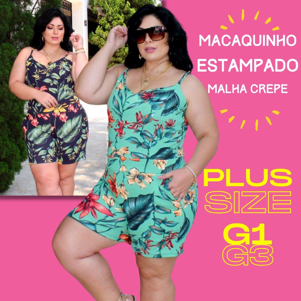 Macaquinho Feminino Plus Size Estampado Grande Macacão Curto GG G1 G3  Macaquito Modinha Moda Maior Verão