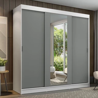 Guarda-Roupa Casal Madesa Reno 3 Portas de Correr com Espelho - Branco/Cinza em Oferta na Shopee