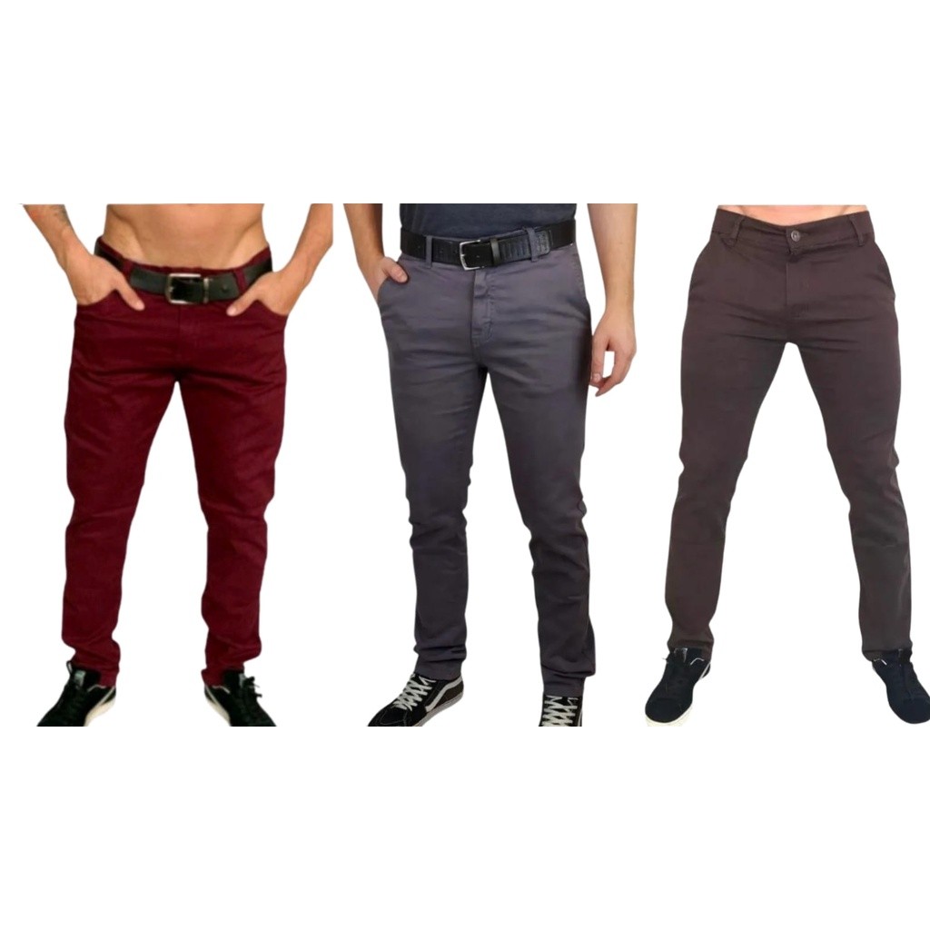 Kit 3 Calças Tradicionais Slim Fit Bordô Cinza Chumbo e Marrom em Sarja