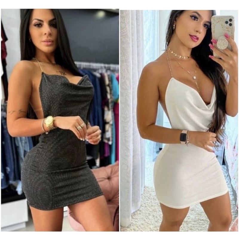 Vestido Festa Justo Branco Ou Preto Com Correntinha E Brilho