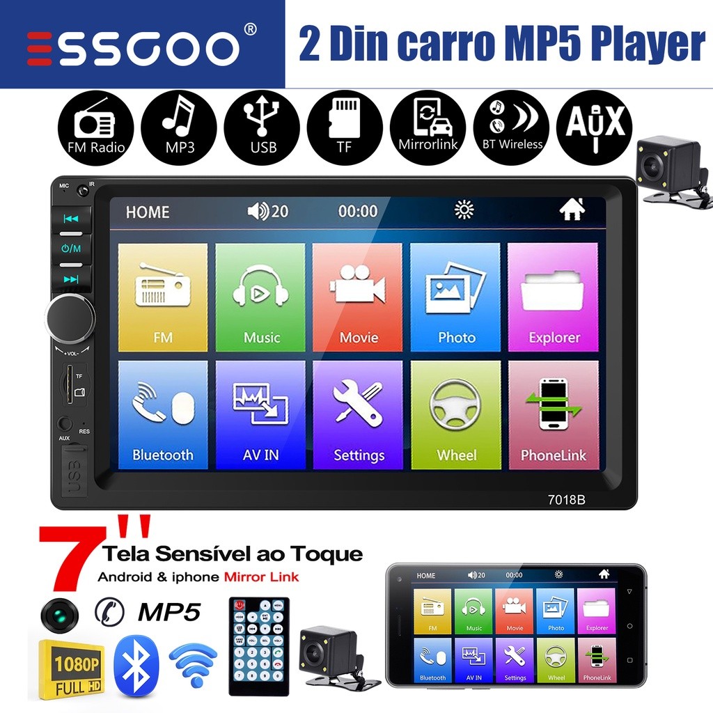 ESSGOO 7 Polegadas DIN duplo Reprodutor De Rádio Bluetooth Mp5-Black-Intercnect- Claro De Fundo Colorido Com Controle Remoto