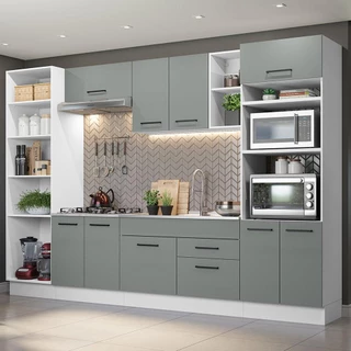 Armário de Cozinha Completa 330cm Branco/Cinza Agata Madesa 02 em Oferta na Shopee