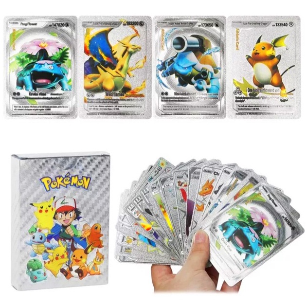 55 Cartas de Pokémon Prateadas Impermeável Deck de Cartinhas no