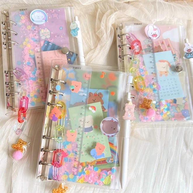 INS Desenho Animado Livro De Folhas Soltas Página De Colorir Lantejoulas Diário Transparente Conjunto De Caderno Com Caneta Gel