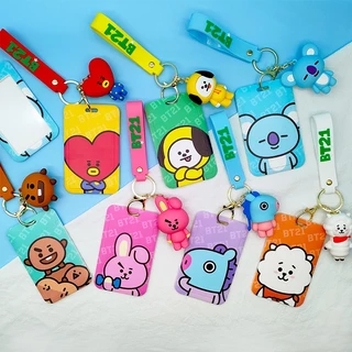 Porta-Cartões BT21 Com Chaveiro De Pulso BTS Desenho Animado 3D Chaveiros Estudantes Cartão De Identificação Ônibus Nome Tag Protetora De Bolsa