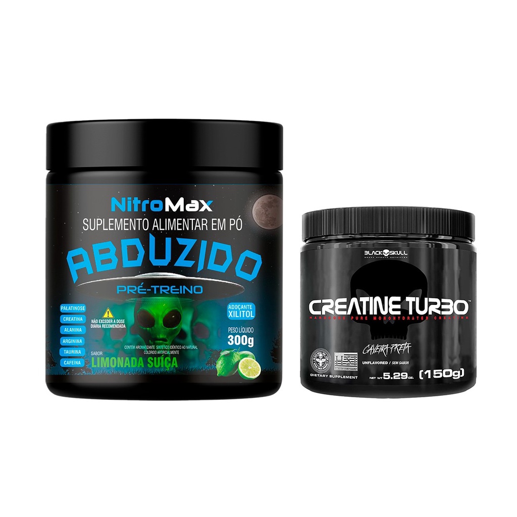 Kit Pre Treino Abduzido G Creatina Turbo G Black Skull Coqueteleira Preta Ml